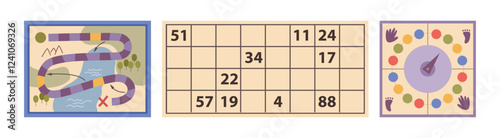 Dice board game with steps for children, map and decorative location. Vector isolated set of sudoku and twister for company of players. Recreation and fun, adventures for family boardgame night