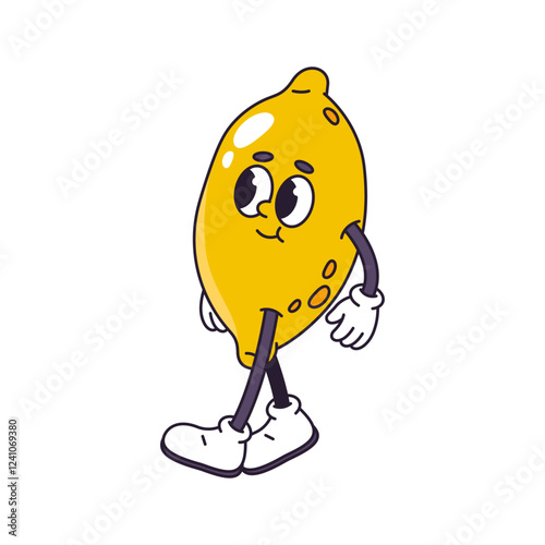 Retro cartoon personage walking with confident feeling. Vector isolated groovy lemon personage with calm facial expression, legs in boots and hands in gloves. Stylish comic mascot or avatar