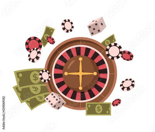 Roulette with red and black slots, money and dice, poker chips and reward for winner. Vector isolated gambling game in casino, las vegas fun for gamblers and leisure or entertainment time