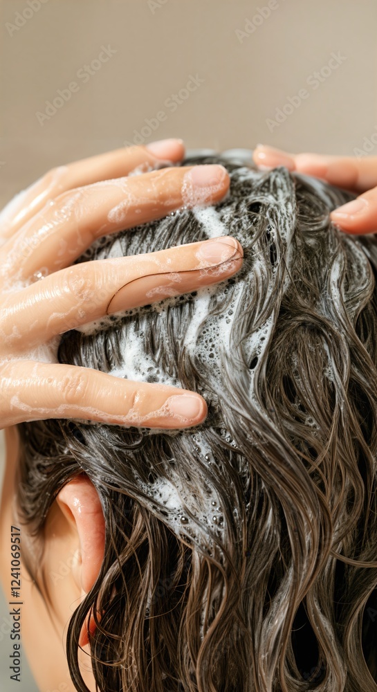 Naklejka premium Close up of woman applying shampoo and lathering hair in shower, promoting hair care and hygiene