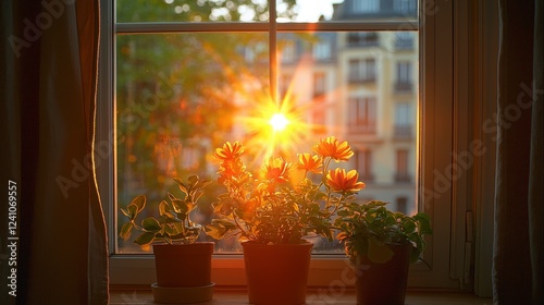 Sunset view through window, potted flowers, city background, home decor photo