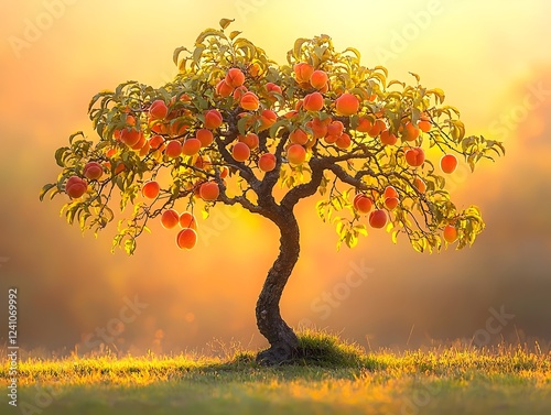 A beautifully lit peach tree with vibrant orange fruits, set against a warm golden sunset, creating a serene and enchanting atmosphere.