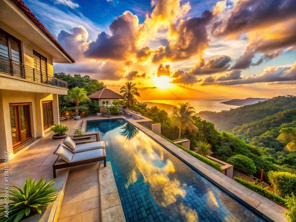 Fototapeta premium Drone View: Luxurious Villa Pool Terrace Sunrise Tropical Landscape