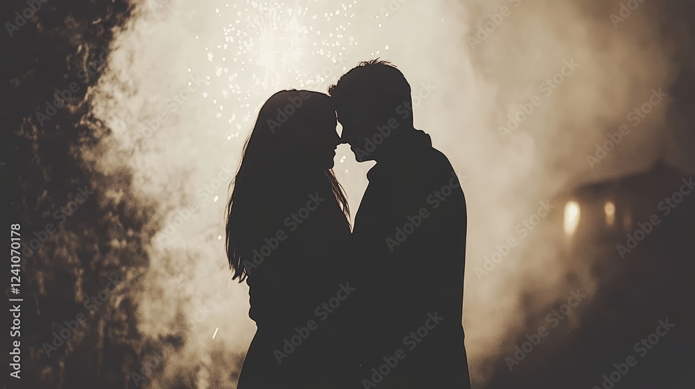 Romantic couple celebrates under dazzling fireworks display Romantic couple celebrates under dazzling fireworks display
