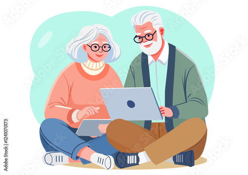 Flat illustration Senior men and women are learning and teaching how to use technology from notebooks and laptops.