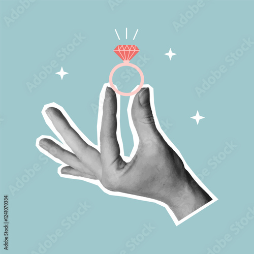 Valentine's day greeting card with cut out hand holding a ring with gem. Template for birthday card, invitation, social media, flyer, banner, poster. Vector illustration