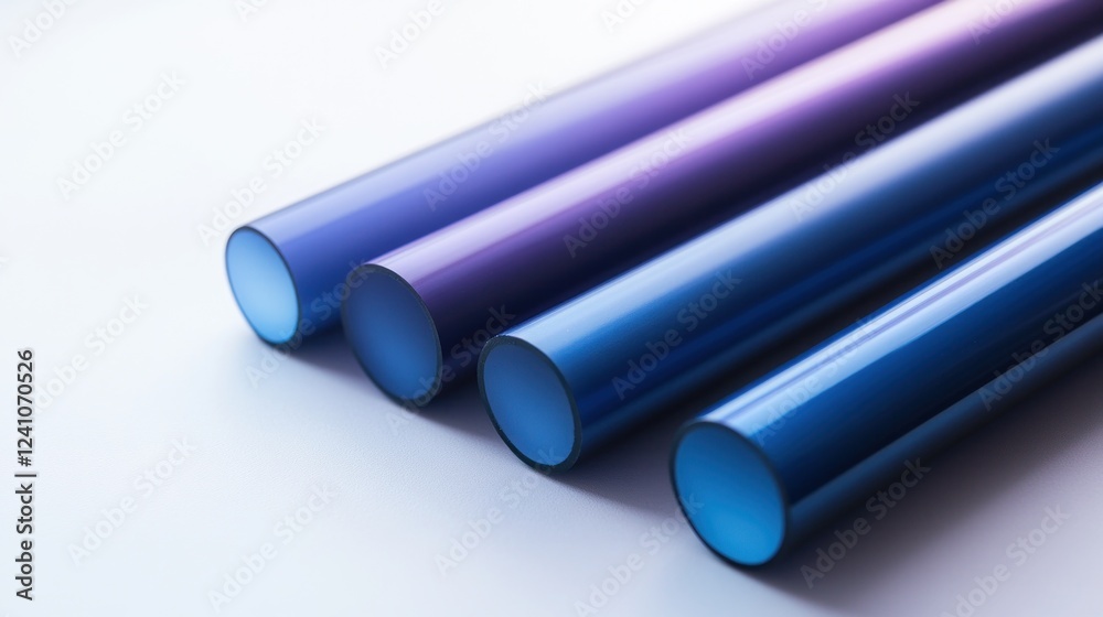Sleek gradient tubes in cool blues and purples creating a modern abstract design, four pieces, smooth and shiny Sleek gradient tubes in cool blues and purples creating a modern abstract design, four pieces, smooth and shiny