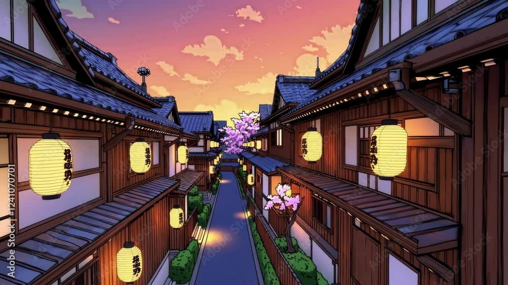 A beautiful japanese tokyo city town in the evening. houses at the street. anime comics artstyle. cozy lofi asian architecture A beautiful japanese tokyo city town in the evening. houses at the street. anime comics artstyle. cozy lofi asian architecture