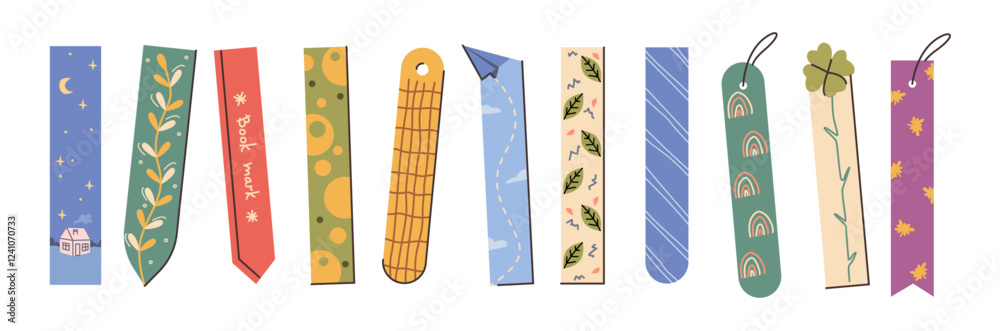 Fototapeta premium Modern designed bookmarks set. Vector isolated strips of leather, cardboard or other material to mark place in book. Separator for notebook with abstract style and rainbows, house and leaves