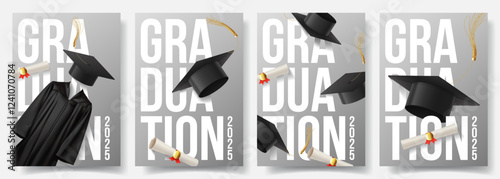 Modern posters of graduation 2025. Vector set of flyers with graduation caps and gown, lettering design. Graduation cards for decoration social media, poster, degree ceremony, party.