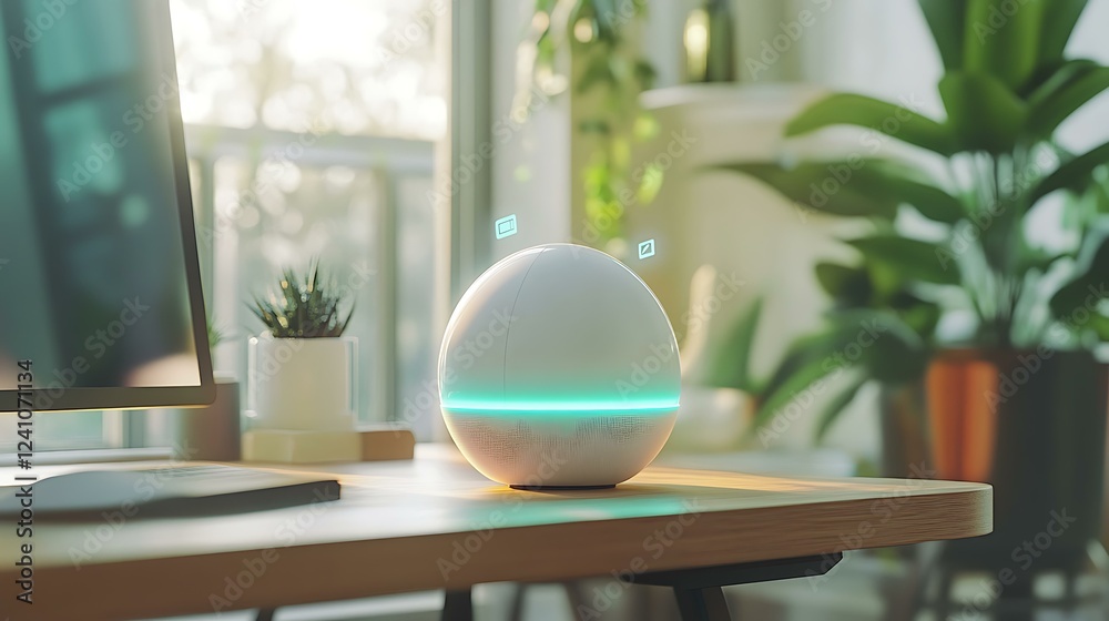 A minimalist modern workspace with a smart speaker and floating digital reminders. A minimalist modern workspace with a smart speaker and floating digital reminders.