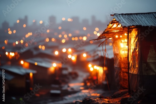 A futuristic city where wealth inequality is evidentâ€”towering skyscrapers contrast with slums below, with neon lights glowing above a dark, struggling underclass photo