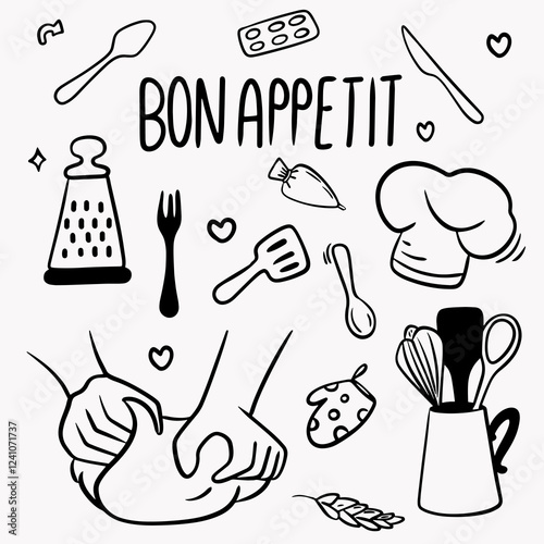 Elements for preparing food for cooking: chef's hat, jump rope, knife and fork, hands with dough, set of cutlery, grater, oven mitt, bon appetit inscription