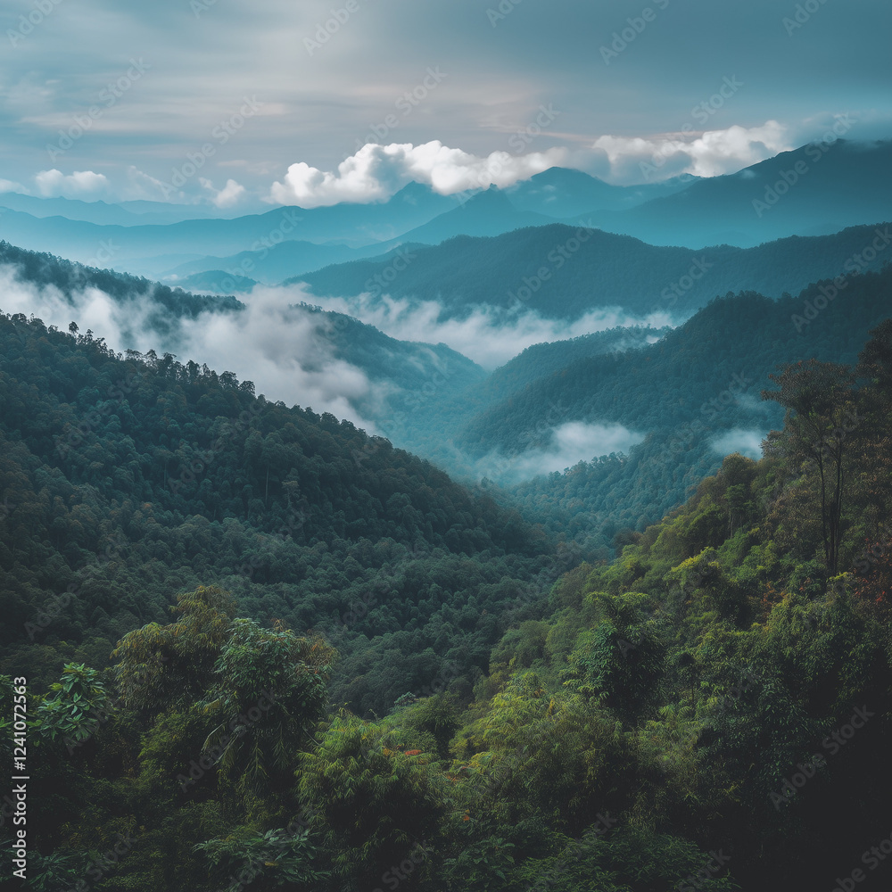Amazing wild nature view of layer of mountain forest landscape with cloudy sky. Natural green scenery of cloud and mountain slopes background. Maehongson,Thailand. Panorama Amazing wild nature view of layer of mountain forest landscape with cloudy sky. Natural green scenery of cloud and mountain slopes background. Maehongson,Thailand. Panorama