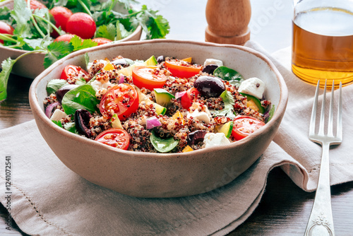 Quinoa salad, healthy Mediterranean lunch with fresh organic vegetables, cheese, and olives, with olive oil photo