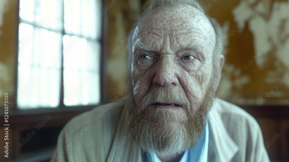 Old Man With Weathered Face Sitting in a Dimly Lit Room Reflecting on Past Experiences