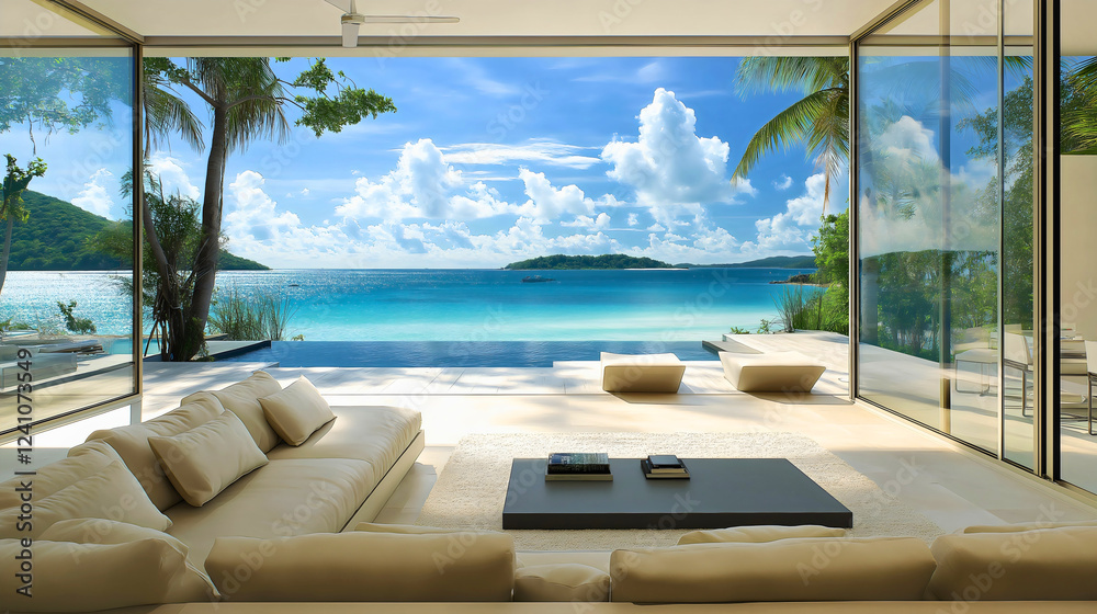 Fototapeta premium Tranquil Modern Living Room with Ocean View and Luxury Coastal Decor