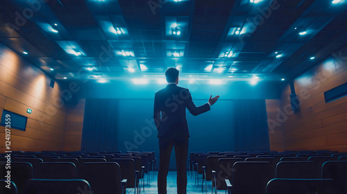 Captivating Speaker on Stage in Spotlight During Motivational Presentation at Modern Auditorium