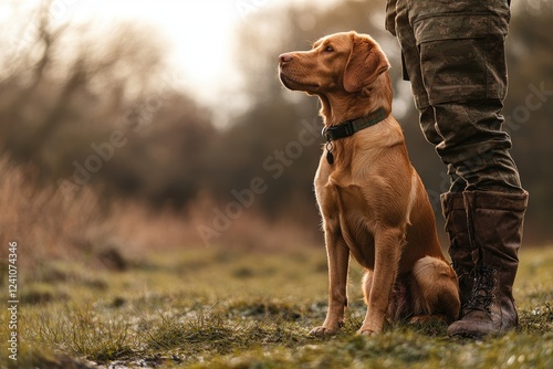 Fox red labrador retriever sitting next to hunter in camouflage clothing