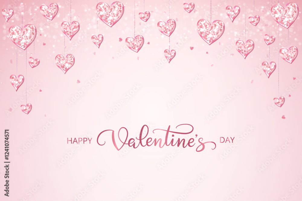 Happy Valentine day banner. Pink glitter hearts decoration. Hand written calligraphy. Sparkling glittering garland, frame. Romantic shiny background. Vector. Happy Valentine day banner. Pink glitter hearts decoration. Hand written calligraphy. Sparkling glittering garland, frame. Romantic shiny background. Vector.