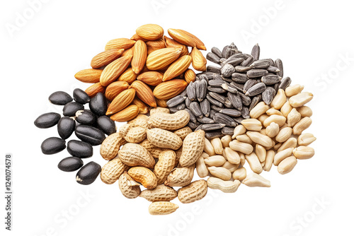 A variety of nuts and seeds are piled on top of each other. ,on transparent background.