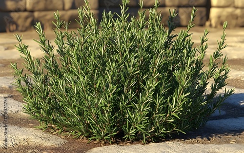 A lush green rosemary plant with slender leaves, thriving amidst cobblestone surroundings, showcasing its aromatic beauty and resilience in a garden setting.