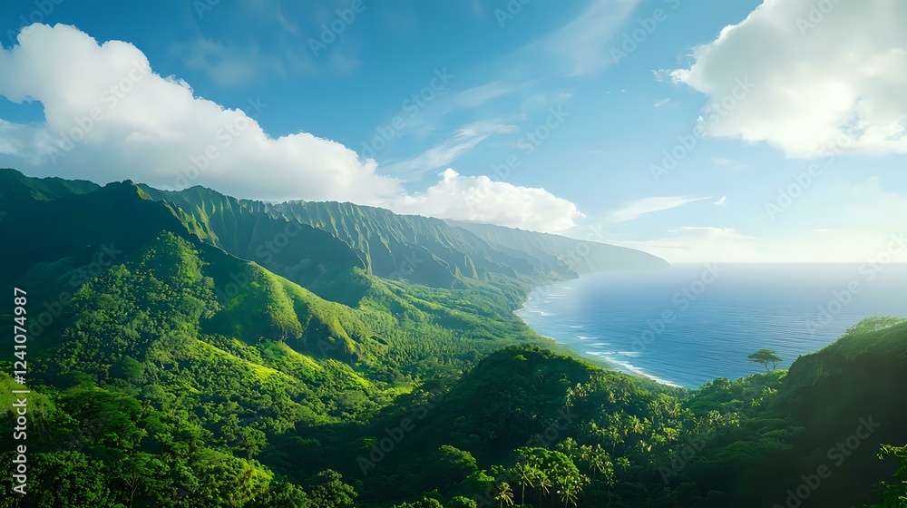 Obraz premium Dramatic aerial view of lush green coastal mountains meeting turquoise ocean waters under bright sunlit sky with white clouds, showcasing pristine wilderness landscape.