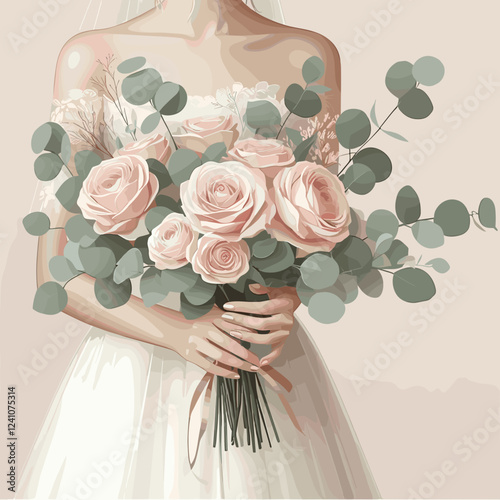 Bride Holding a Bouquet with Roses and Eucalyptus