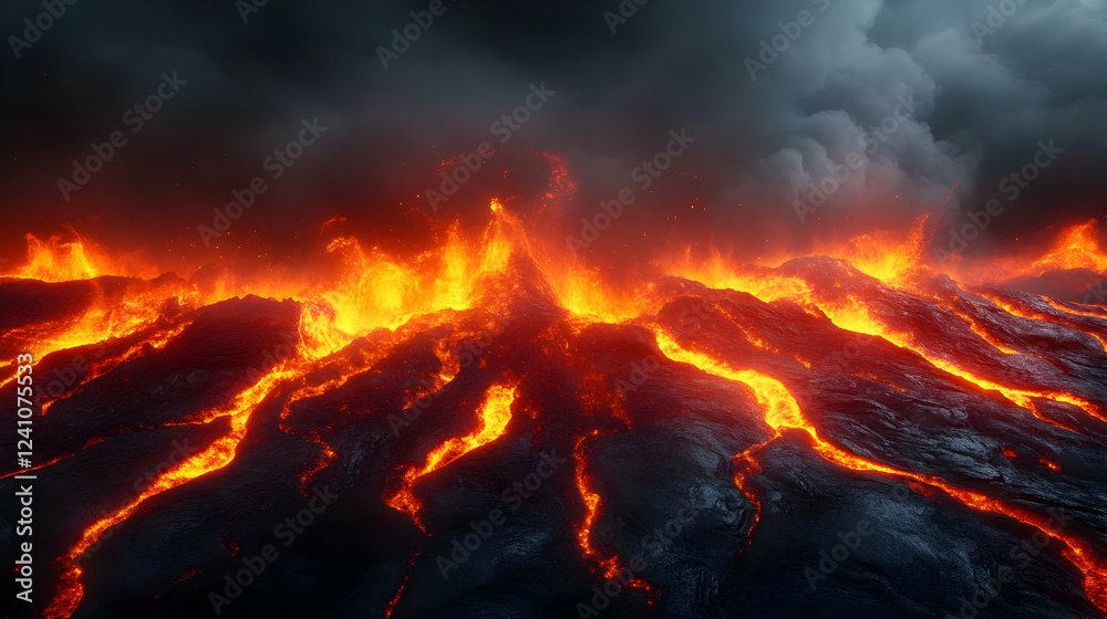A dramatic landscape showcasing flowing lava and ominous clouds, highlighting the raw power of nature's volcanic activity. A dramatic landscape showcasing flowing lava and ominous clouds, highlighting the raw power of nature's volcanic activity.