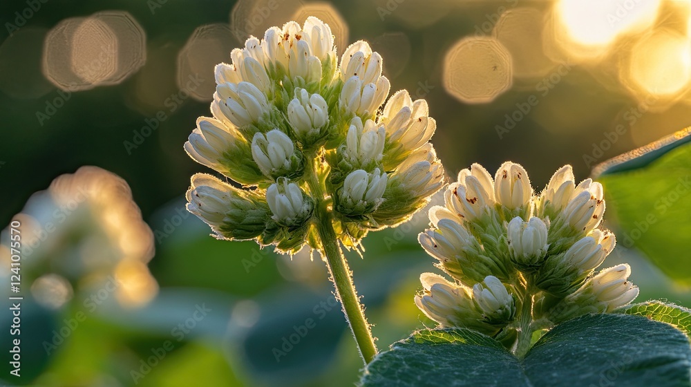 Early morning light casts a delicate glow on white clover blossoms Early morning light casts a delicate glow on white clover blossoms