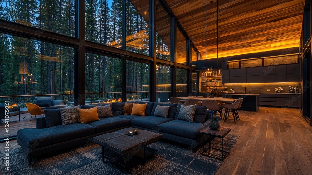 Modern mountain home living room at dusk, forest view Modern mountain home living room at dusk, forest view