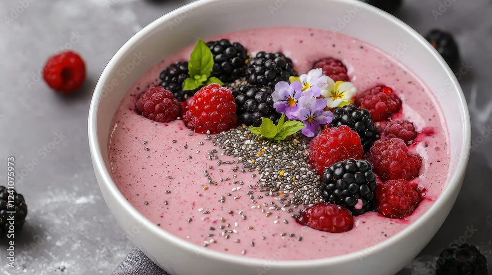 Smoothie bowl with berries and chia seeds, garnished with flowers Smoothie bowl with berries and chia seeds, garnished with flowers