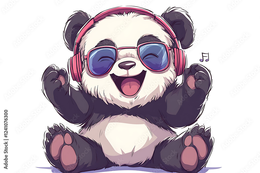 Fototapeta premium panda wearing headphones on a white background, music dj panda with sunglasses and headphones, panda wearing Headphones and sunglasses, 3d illustration, 3d rendering