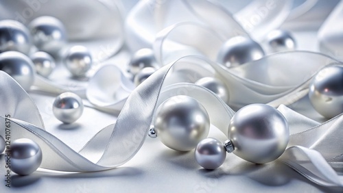 Elegant Silver Ribbons and Balls on White Background - Abstract Festive Stock Photo