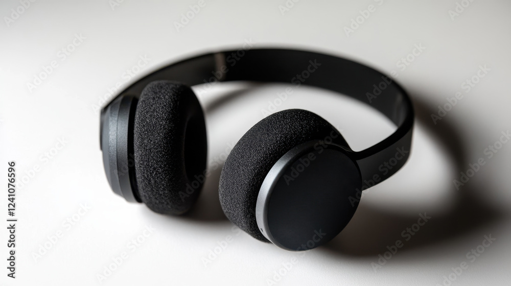 Stylish Black Headphones Resting on a Smooth Surface Ready for Listening to Music or Audio at Any Time Stylish Black Headphones Resting on a Smooth Surface Ready for Listening to Music or Audio at Any Time