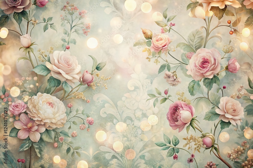 Fototapeta Elegant Vintage Floral Wallpaper Design, Soft Faded Colors, Bokeh Effect, Classical Details, Timeless Ambiance