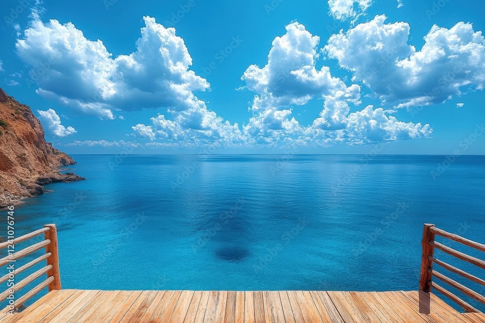 Fototapeta premium Serene Ocean View from Wooden Deck