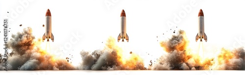 Triple rocket launch, fiery explosions, white background, space exploration