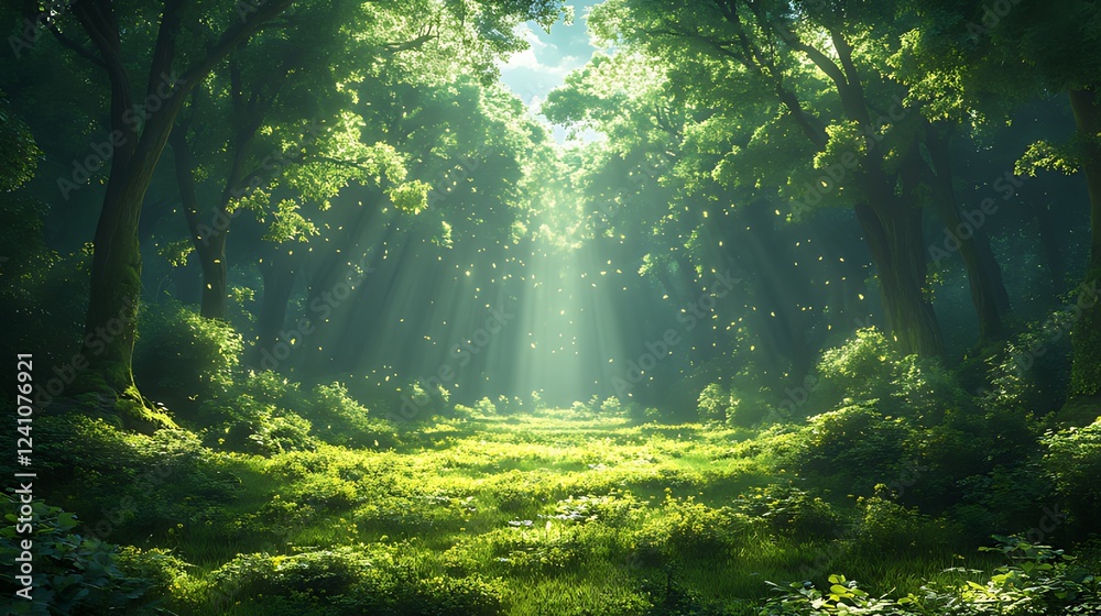 Fototapeta premium Sunlit Forest Path, Magical Dust, Nature Background, Fantasy