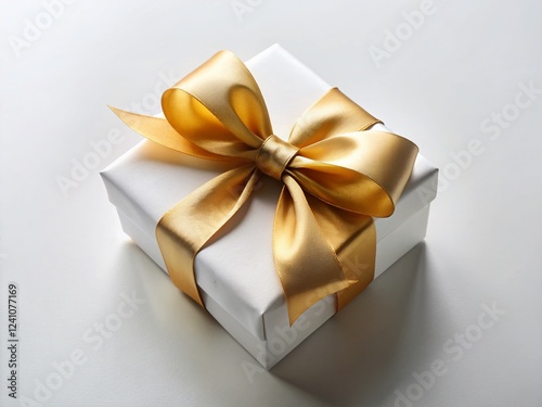 Elegant White Wedding Gift Box with Champagne Satin Ribbon - Top View, Copy Space