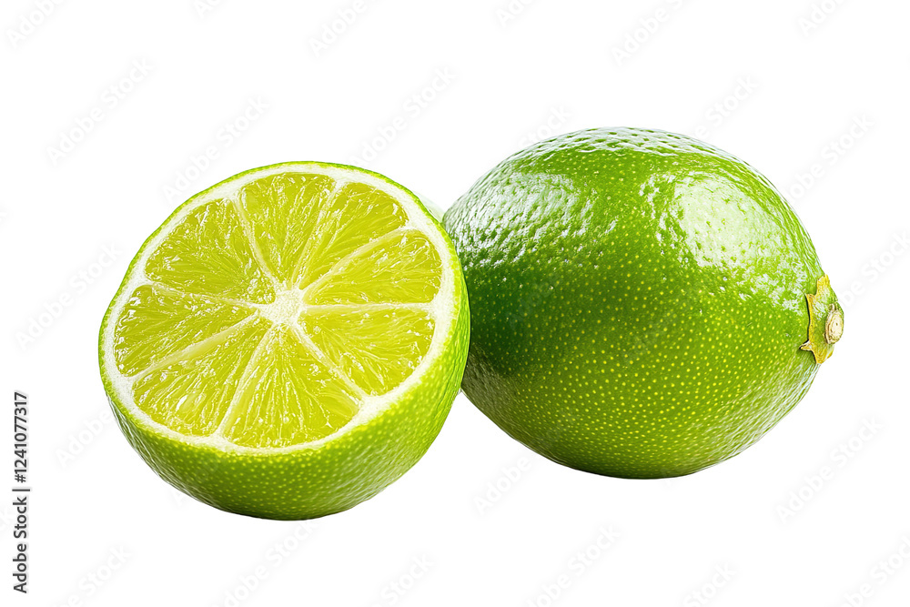 Three green limes with one cut in half. ,on transparent background.