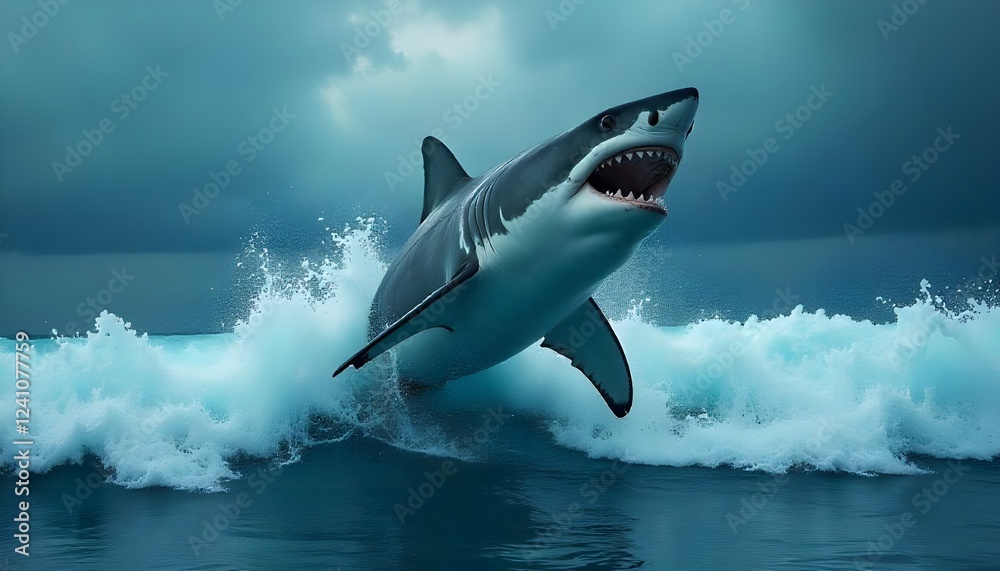 Fototapeta premium world wildlife day a great white shark leaps from the ocean waves beneath a stormy sky