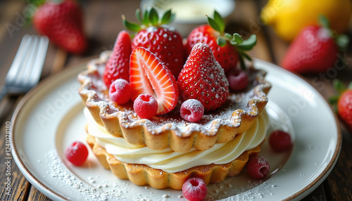 Delicious tart with strawberries and cream on a plate, decorated with powdered sugar