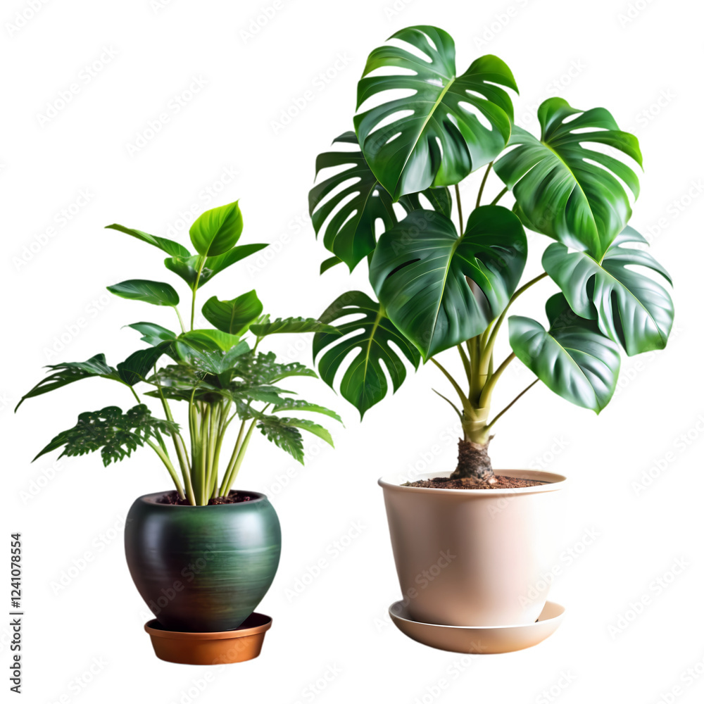 Fototapeta premium Lush green tropical plants in elegant pots indoor decor home life dark on transparent background