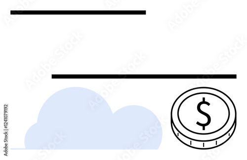 Coin with dollar sign near a blue cloud, minimalist style. Ideal for finance, cloud computing, online storage, savings, economy, digital innovation and wealth. Abstract line flat metaphor