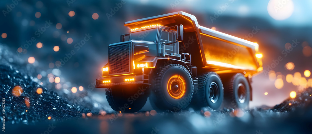 A futuristic dump truck navigating a vibrant, illuminated landscape, showcasing innovation in transportation technology. A futuristic dump truck navigating a vibrant, illuminated landscape, showcasing innovation in transportation technology.
