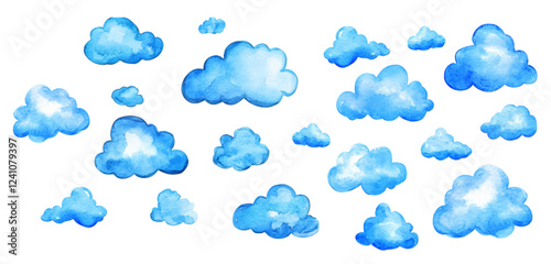 Watercolor set of blue clouds nok png. Airy blue clouds watercolor on transparent background. Watercolor elements of the sky. Vector illustration.