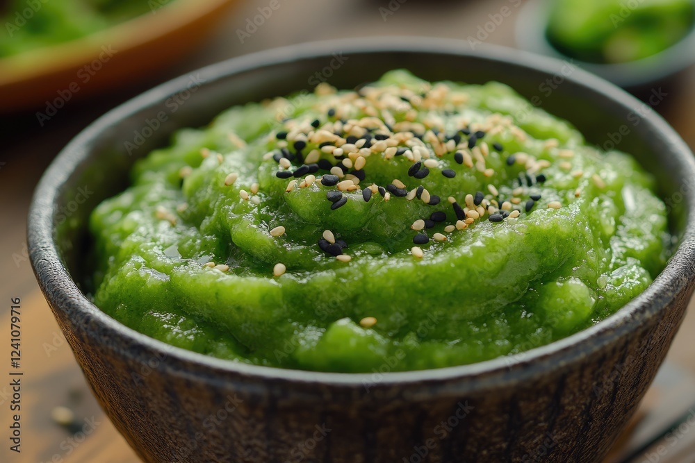 Green pea puree or paste decorated with sesame seeds and basil leaves in bowl Green pea puree or paste decorated with sesame seeds and basil leaves in bowl