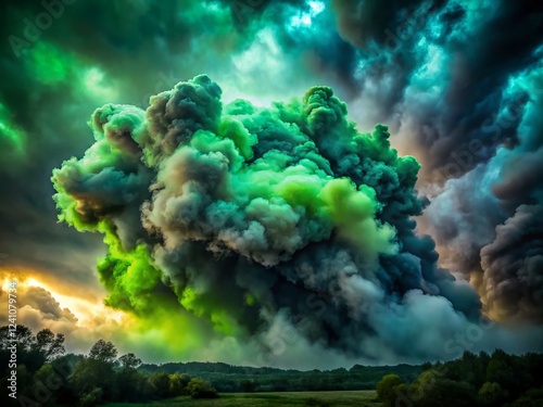 Ethereal Green Light Smoke Emerging from Dark Watercolor Clouds - Dramatic Landscape