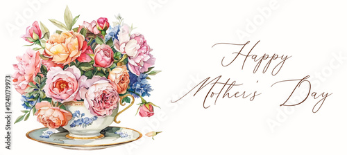 Happy Mother's Day vintage watercolor banner. Vintage bouquet of flowers in a ceramic cup with a gold handle and rim. Vector illustration for Mother's Day.